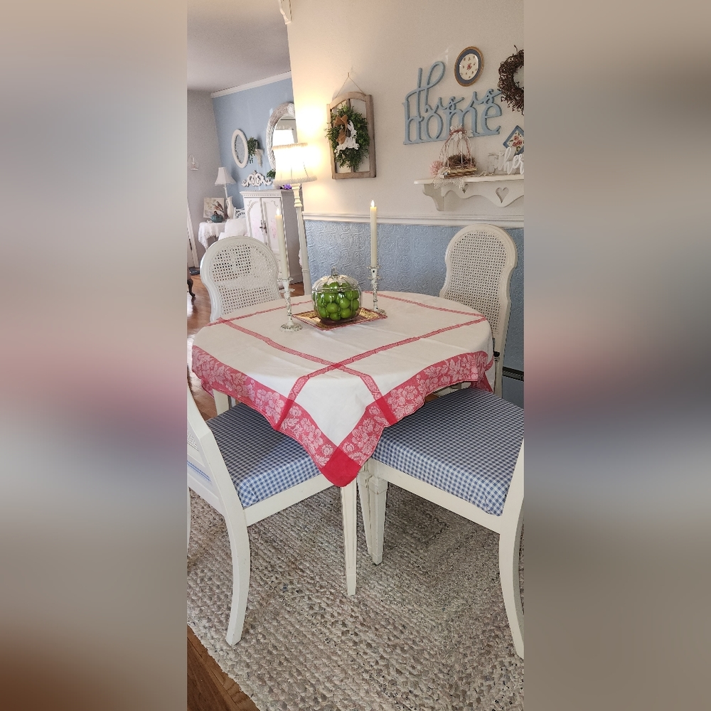 Vintage 48 x 48 " Square white and red, cotton tablecloth.